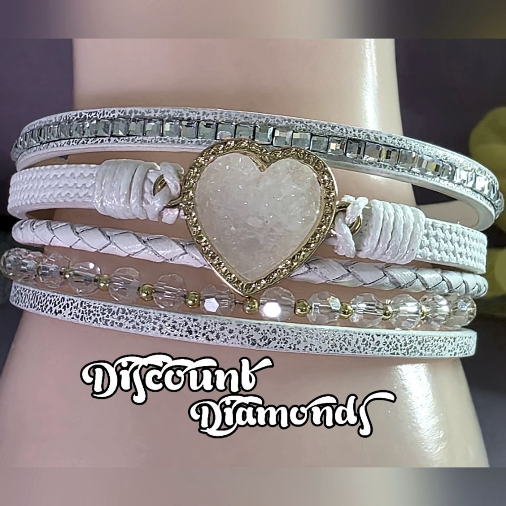 Women's Heavenly Heart White Leather Bracelet with Gold Plating